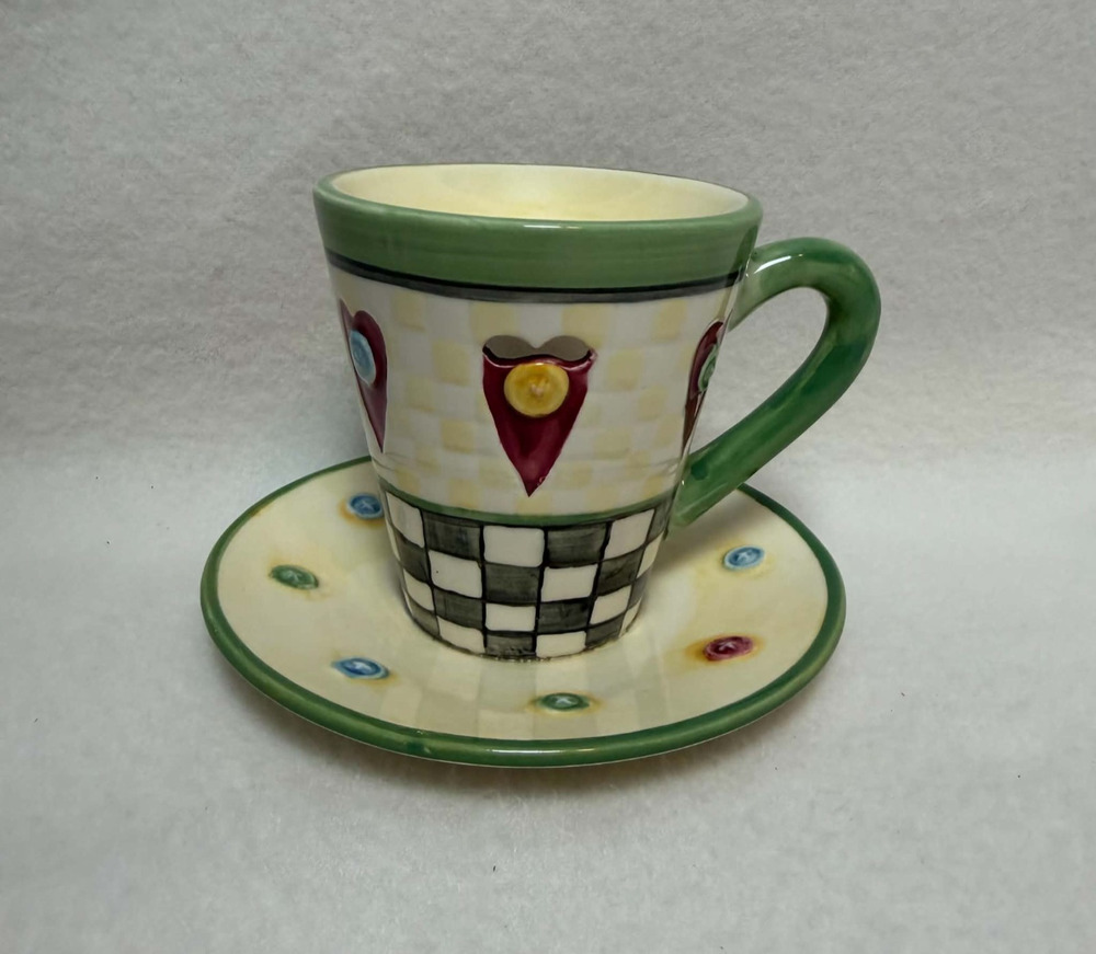 Vintage Teacup Wax Tart Warmer Hearts Buttons Checkerboard Whimsical Country